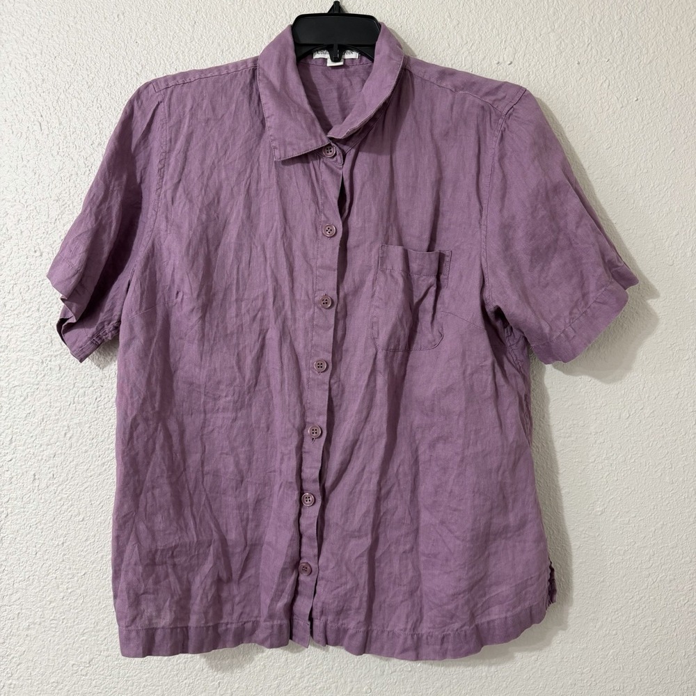 Coldwater Creek XL Womens Shortsleeve Button Down 100% Linen Purple